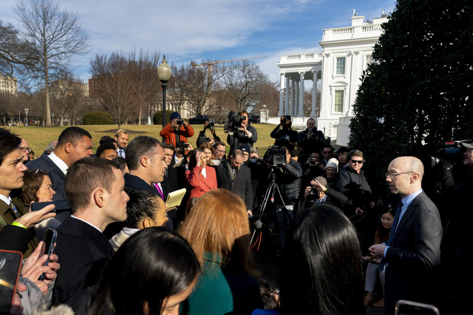 FILE - Ian Sams, with the White House counsel's office, speaks to reporters outside of the West Wing of the White House in Washington, Wednesday, Feb. 1, 2023. A new poll shows that more U.S. adults disapprove than approve of the way President Joe Biden has handled the discovery of classified documents at his home and former office. Yet that seems to have had little impact on Biden's overall approval rating. (AP Photo/Andrew Harnik)