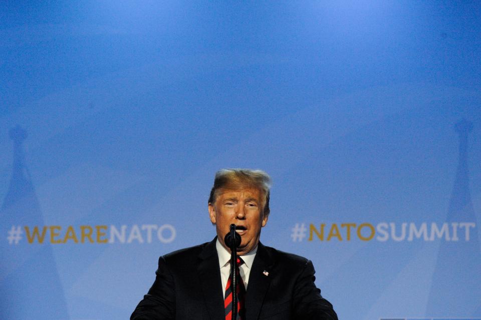 US president Donald Trump is seen during his press conference at the 2018 NATO Summit in Brussels, Belgium on July 12, 2018.