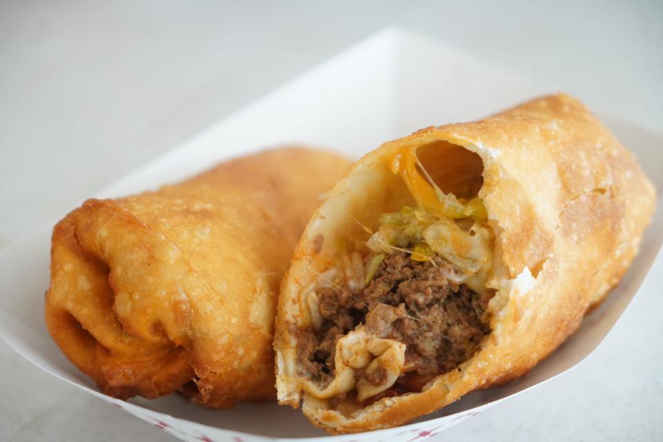 A deep-fried taco from the Deep Fried Tacos food stall at the Delaware State Fair on July 20, 2023.