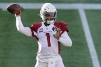 Arizona Cardinals quarterback Kyler Murray passes against the New England Patriots in the first half of an NFL football game, Sunday, Nov. 29, 2020, in Foxborough, Mass. (AP Photo/Elise Amendola)