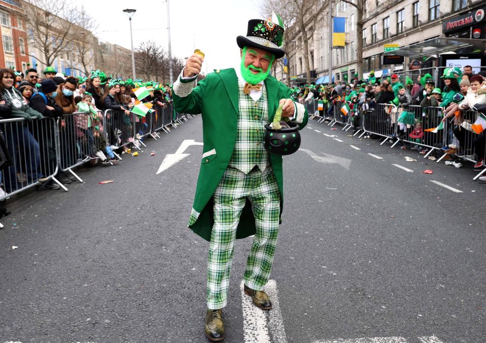 People take part in the annual St Patrick's Day parade in Dublin on March 17, 2022.