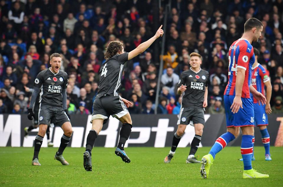 Leicester City's Turkish defender Caglar Soyuncu (2L) celebrates scoring the opening goal during the English Premier League football match between Crystal Palace and Leicester City at Selhurst Park in south London on November 3, 2019. (Photo by Ben STANSALL / AFP) / RESTRICTED TO EDITORIAL USE. No use with unauthorized audio, video, data, fixture lists, club/league logos or 'live' services. Online in-match use limited to 120 images. An additional 40 images may be used in extra time. No video emulation. Social media in-match use limited to 120 images. An additional 40 images may be used in extra time. No use in betting publications, games or single club/league/player publications. /  (Photo by BEN STANSALL/AFP via Getty Images)