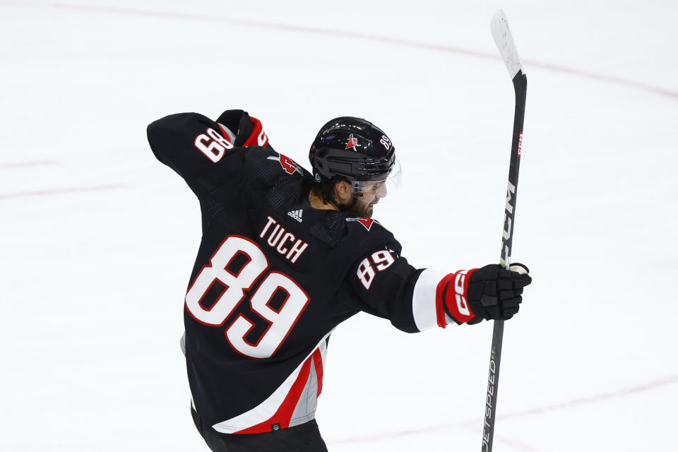 Buffalo Sabres right wing Alex Tuch (89) celebrates his goal during the third period of an NHL hockey game against the Los Angeles Kings, Tuesday, Dec. 13, 2022, in Buffalo, N.Y. (AP Photo/Jeffrey T. Barnes)