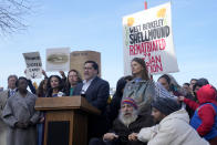Berkeley mayor Jesse Arreguín, middle left, speaks at a news conference in Berkeley, Calif., Wednesday, March 13, 2024. Berkeley's City Council voted unanimously Tuesday, March 12, 2024, to adopt an ordinance giving the title of the land to the Sogorea Te' Land Trust, a women-led, San Francisco Bay Area collective that works to return land to Indigenous people and that raised the funds needed to reach the agreement. (AP Photo/Jeff Chiu)