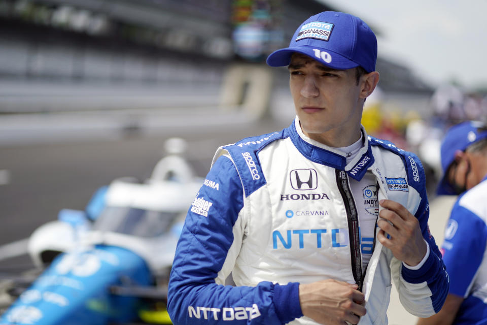 FILE - In this May 20, 2021, file photo, Alex Palou, of Spain, waits to drive during practice for the Indianapolis 500 auto race at Indianapolis Motor Speedway in Indianapolis. The bad news for Alex Palou is that he’s never raced before at Laguna Seca, the penultimate race in the IndyCar championship. The good news? Those trying to wrest the title away from Palou don’t have much experience, either. Laguna Seca only returned to the IndyCar schedule in 2019 and then was canceled last year during the pandemic. (AP Photo/Darron Cummings, File)