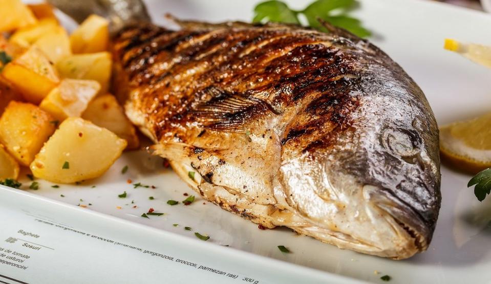 peixe assado com cortes em um prato - Shutterstock