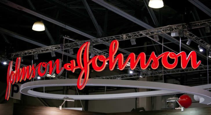 A red Johnson &amp; Johnson (JNJ) sign hangs inside in Moscow, Russia.