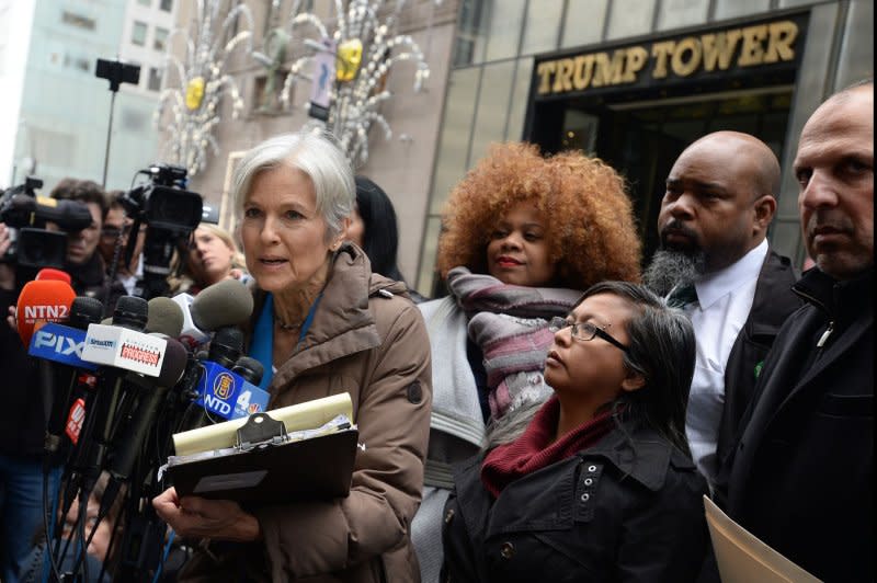 Green Party presidential candidate Jill Stein speaks on the 2016 recount effort outside Trump Tower as she vowed 'to fight tooth and nail to verify the accuracy, security, and fairness of the vote" on December 5, 2016, in New York. File Photo by Dennis Van Tine/UPI