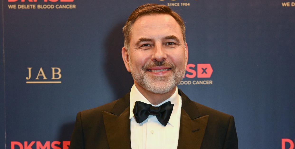 david walliams, a man stands looking at the camera and smiling, he has greying hair and beard and wears a black suit with bow tie