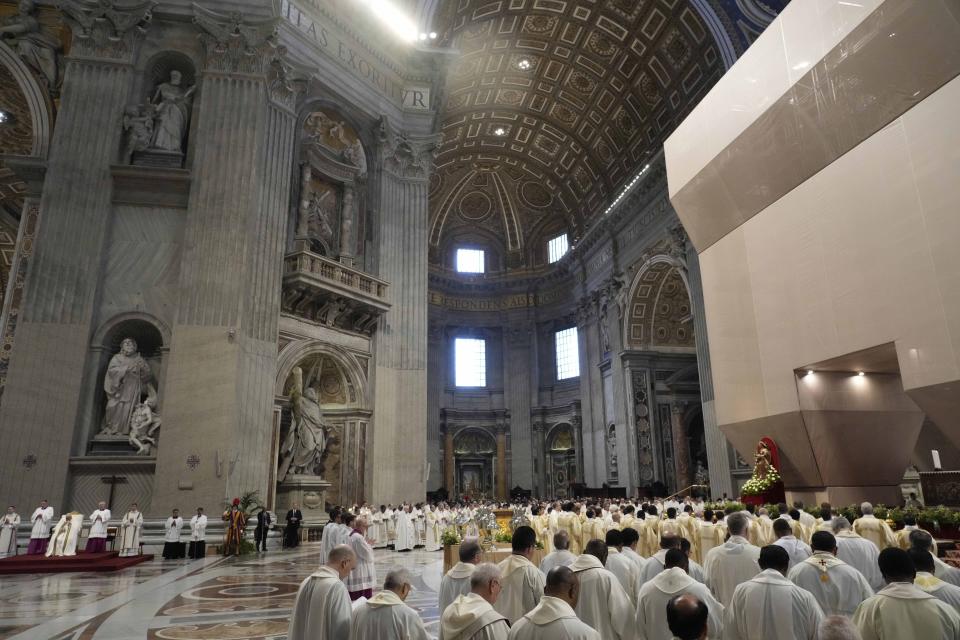 Cardinals attend the Holy Chrism Mass in St. Peter's Basilica, at The Vatican, Thursday, March 28, 2024. (AP Photo/Gregorio Borgia)