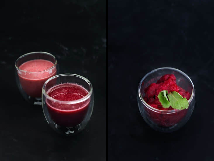 Different berry juice blends (left); a blueberry and cranberry sorbet (right)