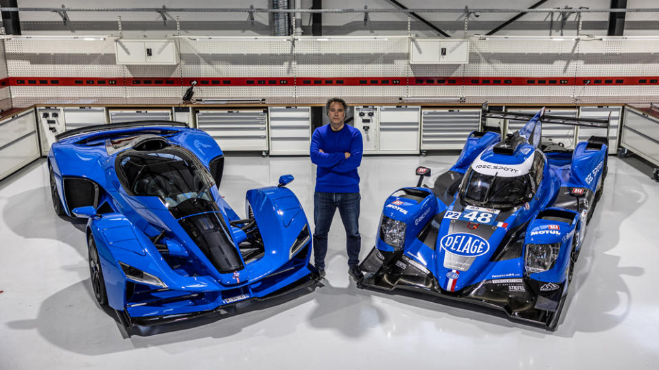 Delage CEO Laurent Tapie stands between the marque&#39;s D12 hypercar (left) and Idec Sport&#39;s LMP2 racer, the latter of which will be campaigned in partnership with Delage.