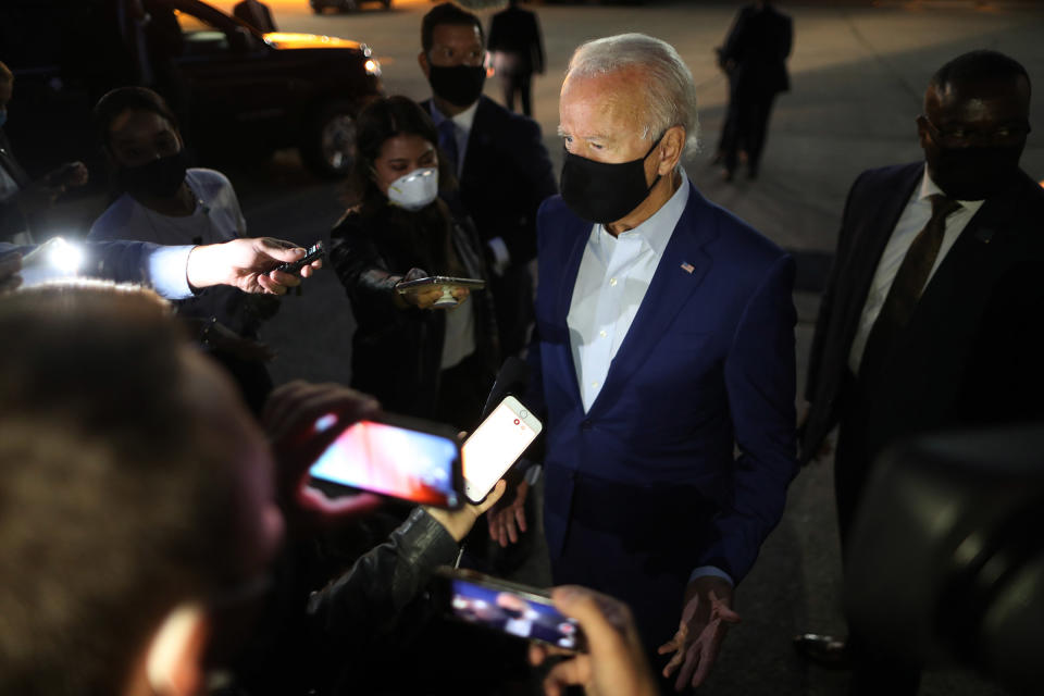 Democratic presidential nominee Joe Biden talks with journalists before departing the Detroit Metro area in Romulus, Mich., on Sept. 09, 2020. Biden was campaigning in Michigan, which President Donald Trump won in 2016 by less than 11,000 votes, the narrowest margin of victory in state's presidential election history.<span class="copyright">Chip Somodevilla—Getty Images</span>