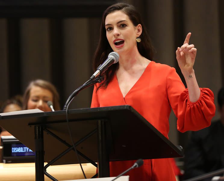 Anne Hathaway speaks at the International Women’s Day event at the United Nations on March 8. (Photo: Monica Schipper/WireImage)