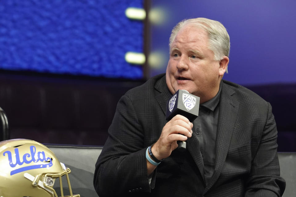 FILE - UCLA head coach Chip Kelly speaks at the NCAA college football Pac-12 media day, Friday, July 21, 2023, in Las Vegas. UCLA opens their season at home against Coastal Carolina on Sept. 2. (AP Photo/Lucas Peltier, File)