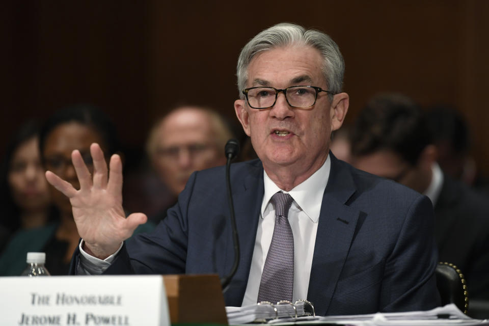 Federal Reserve Chairman Jerome Powell testifies before the Senate Banking Committee on Capitol Hill in Washington, Wednesday, Feb. 12, 2020, during a hearing on the Monetary Policy Report. (AP Photo/Susan Walsh)