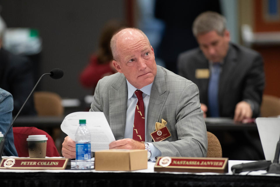 Florida State University Board of Trustees member Peter Collins listens during a meeting of the board to select the university's next president at the Turnbull Conference Center Monday, May 24, 2021.
