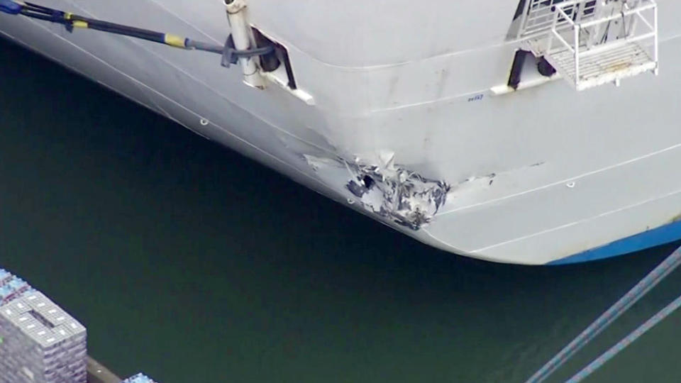 The Ruby Princess cruise ship is damaged following a collision with the pier in San Francisco. July 6, 2023. / Credit: CBS San Francisco