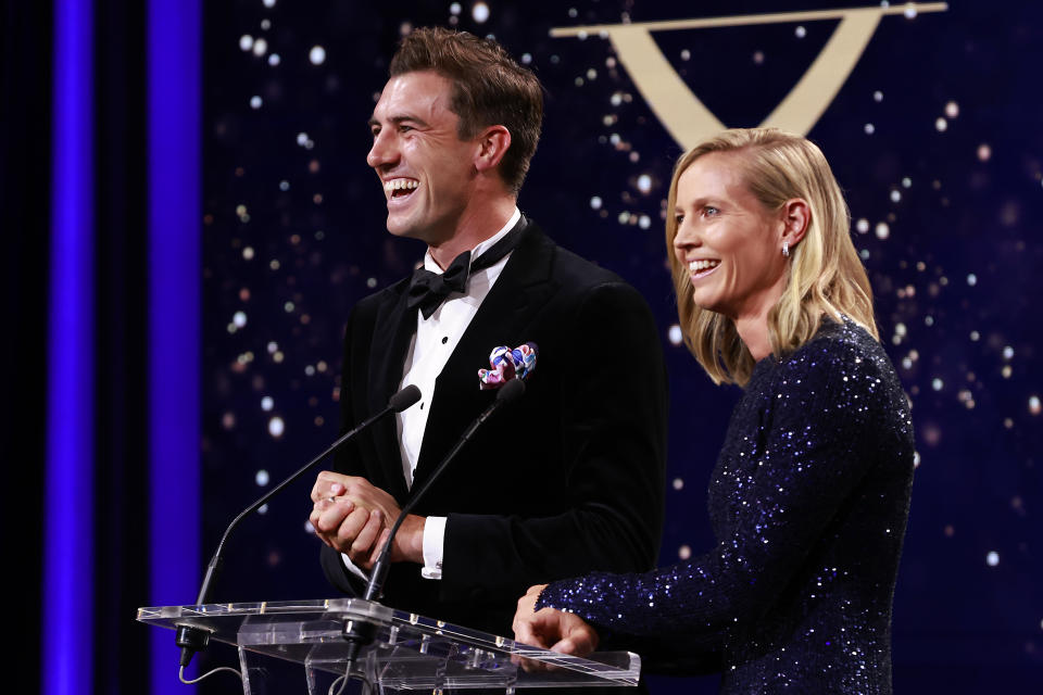 Pat Cummins and Meg Lanning, pictured here speaking at the Australian Cricket Awards.