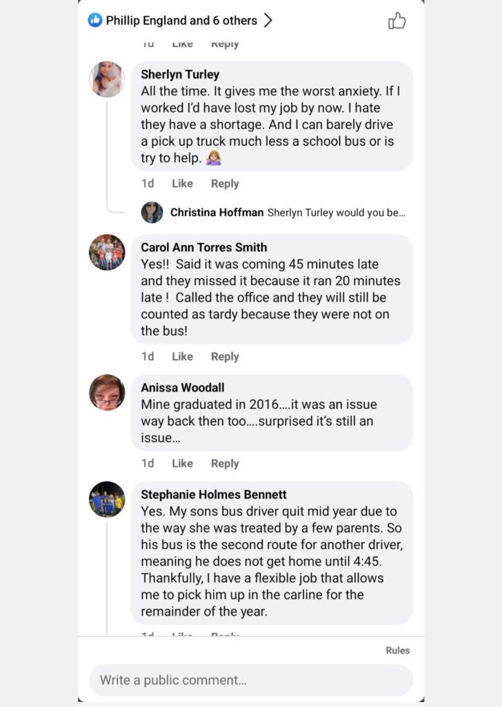 A screenshot of a Facebook thread regarding Sheridan School District bus problems (Suzi Parker)