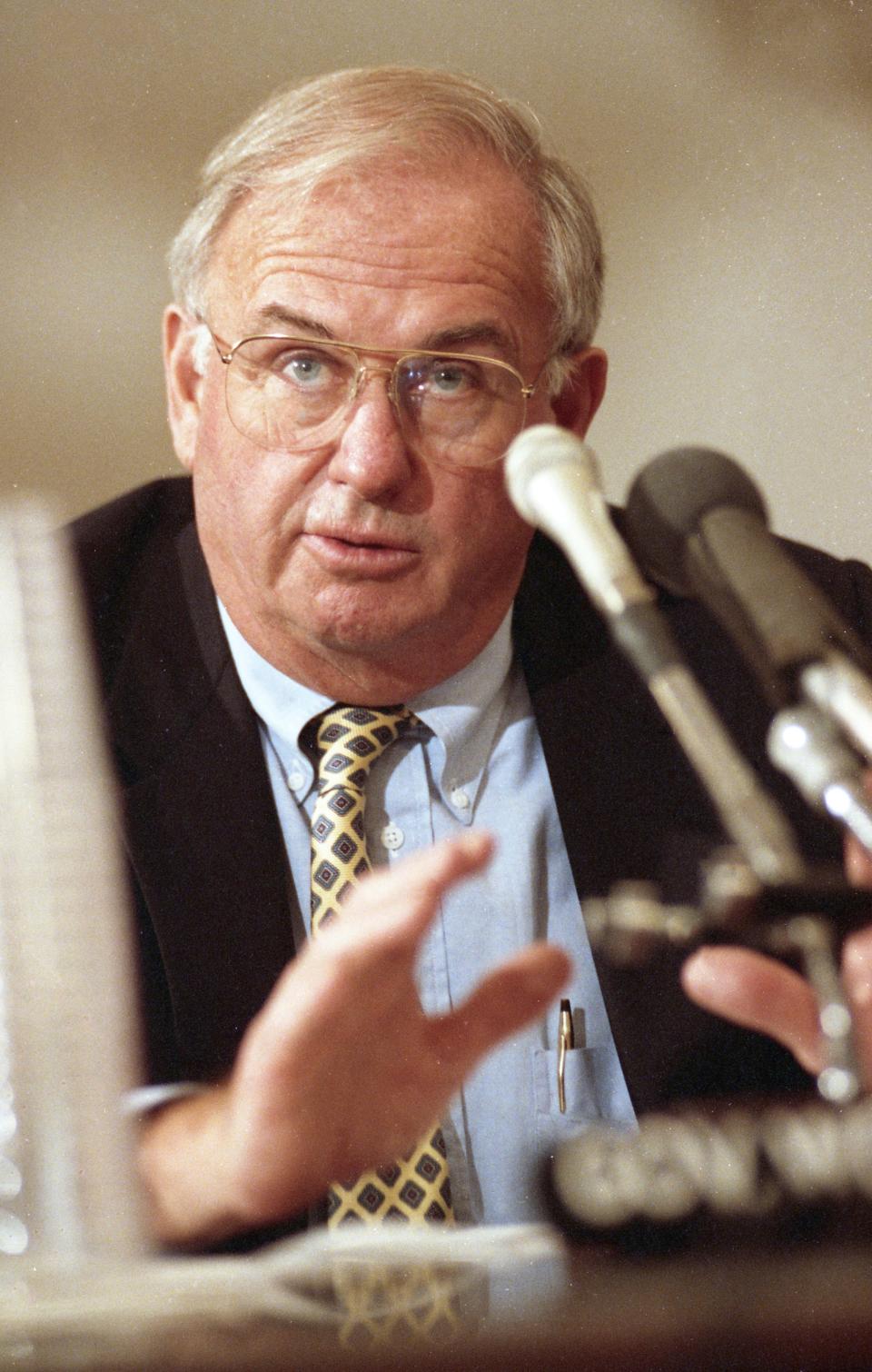 Connecticut Gov. Lowell Weicker testifies on Capitol Hill before the House Budget Committee on May 13, 1992, in Washington, D.C. Weicker, a Republican U.S. senator who tussled with his own party during the Watergate hearings and later was elected Connecticut governor as an independent, died Wednesday, June 28, 2023. He was 92.