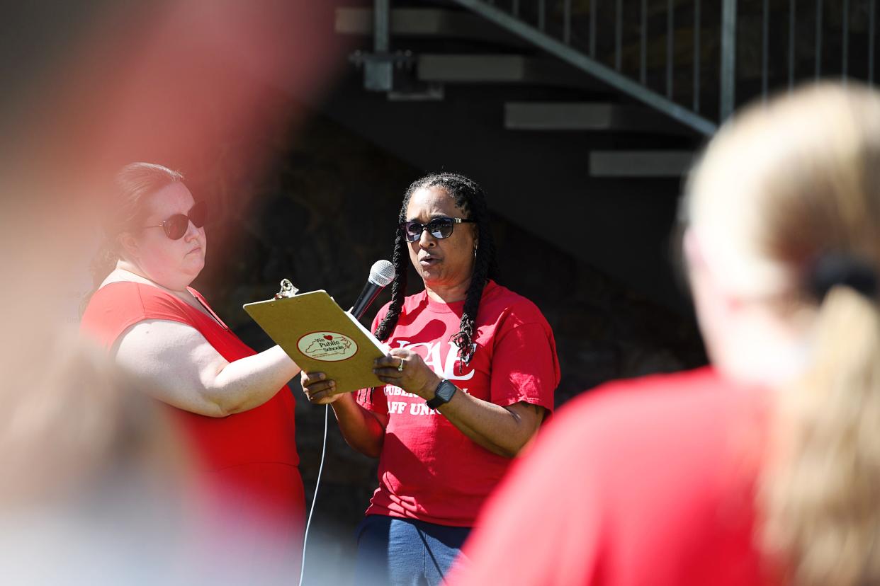 Asheville City Schools teachers held a rally before the school board meeting in Asheville, June 10, 2024.