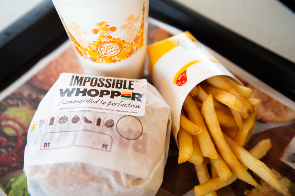 RICHMOND HEIGHTS, MO - APRIL 01: In this photo illustration, an 'Impossible Whopper' sits on a table at a Burger King restaurant on April 1, 2019 in Richmond Heights, Missouri. Burger King announced on Monday that it is testing out Impossible Whoppers, made with plant-based patties from Impossible Foods, in 59 locations in and around St. Louis area. (Photo Illustration by Michael Thomas/Getty Images)