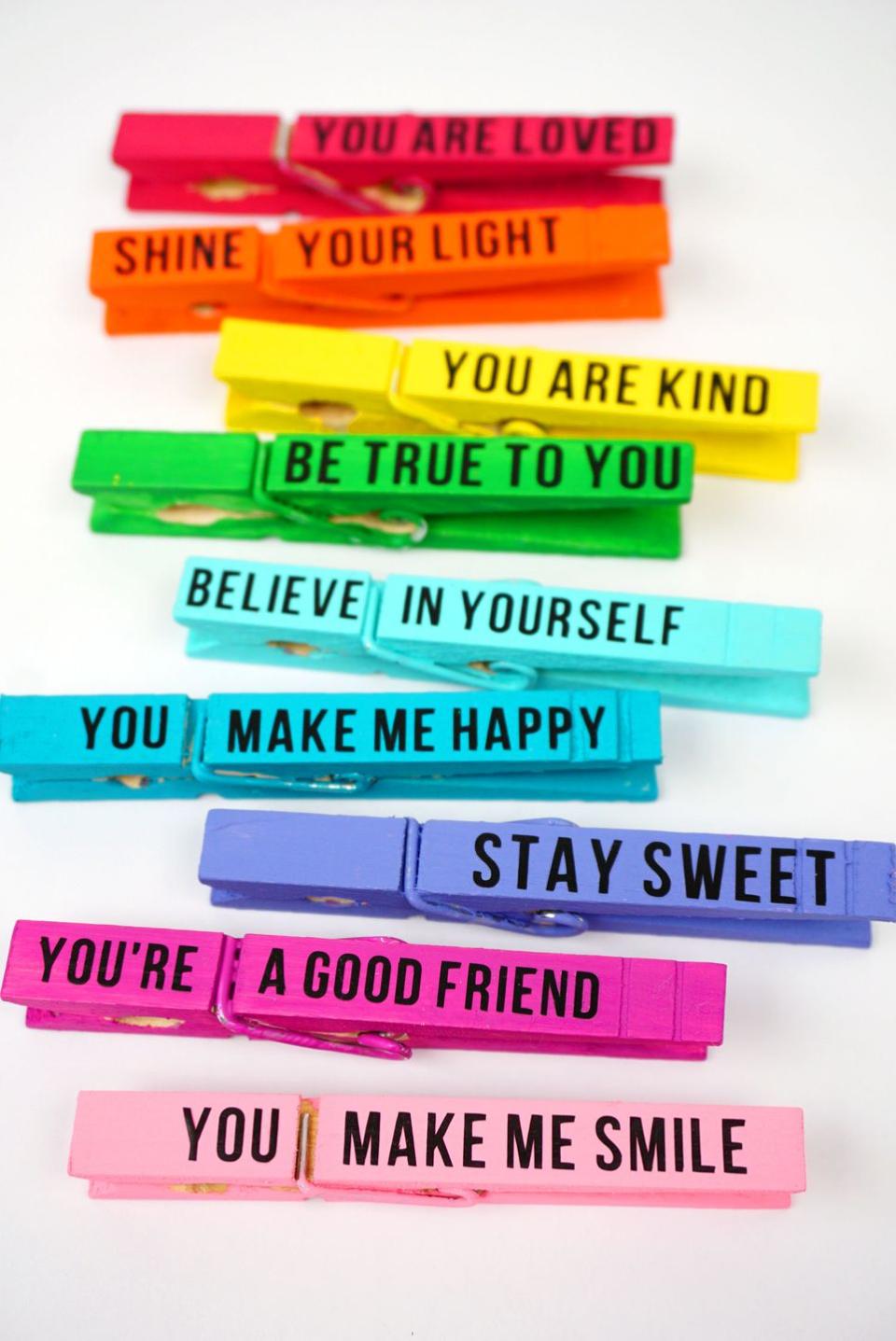 <p>Grab some paint and a few clothespins to make this colorful craft, then have the kids secretly clip the uplifting messages on each other's backpacks for a nice surprise!</p><p><em>Get the <strong><a href="https://www.happinessishomemade.net/kindness-clips-random-acts-of-kindness-idea/" rel="nofollow noopener" target="_blank" data-ylk="slk:Kindness Clips tutorial;elm:context_link;itc:0;sec:content-canvas" class="link ">Kindness Clips tutorial</a> </strong>at Happiness is Homemade.</em></p><p><a class="link " href="https://www.amazon.com/JABINCO-Pack-Wooden-Clothespins-About/dp/B0852TXHZG?tag=syn-yahoo-20&ascsubtag=%5Bartid%7C10070.g.3123%5Bsrc%7Cyahoo-us" rel="nofollow noopener" target="_blank" data-ylk="slk:SHOP CLOTHESPINS;elm:context_link;itc:0;sec:content-canvas">SHOP CLOTHESPINS</a><br></p>