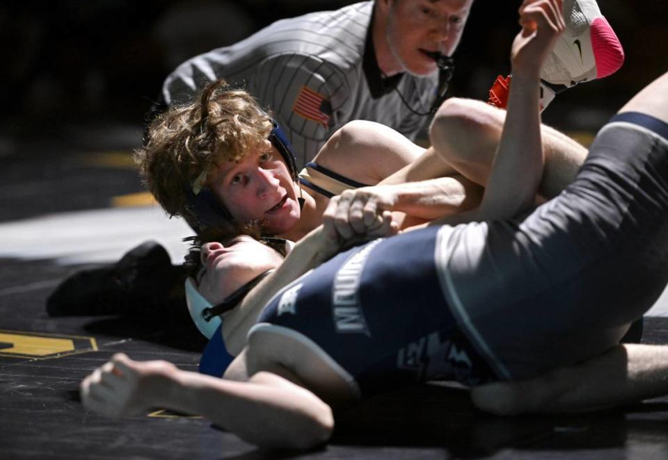 Bald Eagle Area’s Lucas Fye pins Philipsburg-Osceola’s Connor Guenot in the 127 lb match during the dual on Thursday, Jan. 18, 2024.
