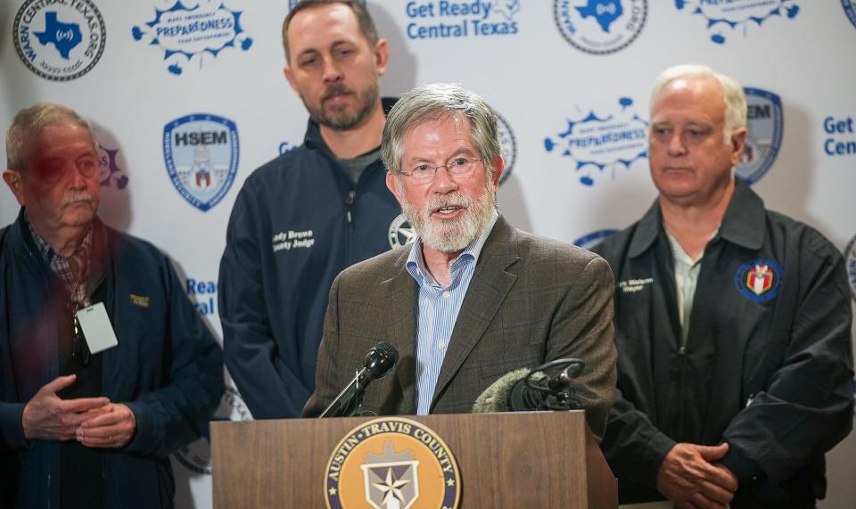 Austin Energy General Manager Bob Kahn and other city and Travis County leaders discuss weather preparations Monday at the Combined Transportation, Emergency, and Communications Center.