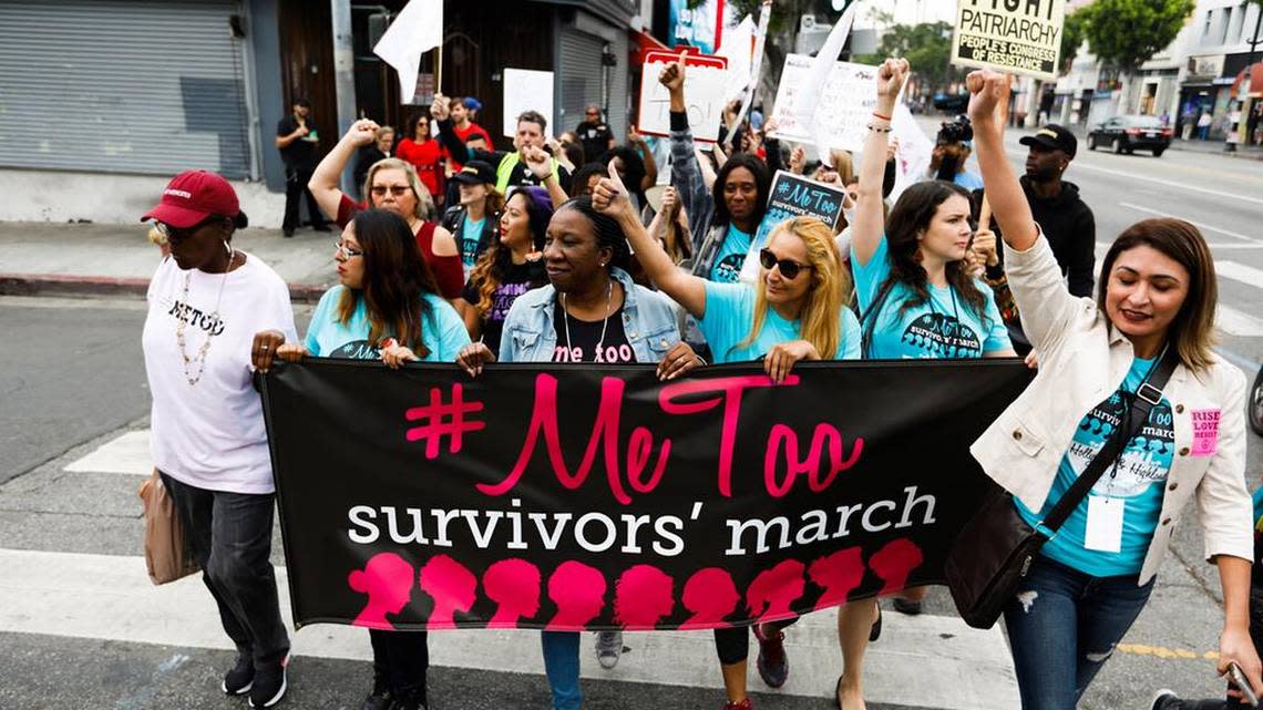 Sexual assault survivors along with their supporters at the #MeToo Survivors March against sexual abuse Sunday, Nov. 12, 2017 in Los Angeles. A march to CNN’s headquarters in Los Angeles and a rally at the intersection of Hollywood and Highland Avenue in Hollywood were part of the events held. (Gary Coronado/Los Angeles Times/TNS)