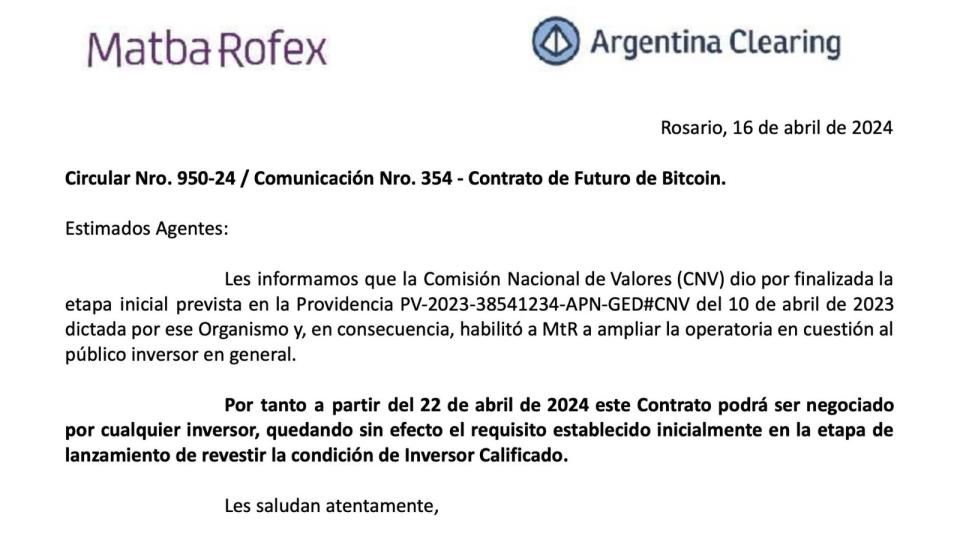 La comunicación que lanzó Matba Rofex oficializando la entrada en vigencia del futuro de bitcoin