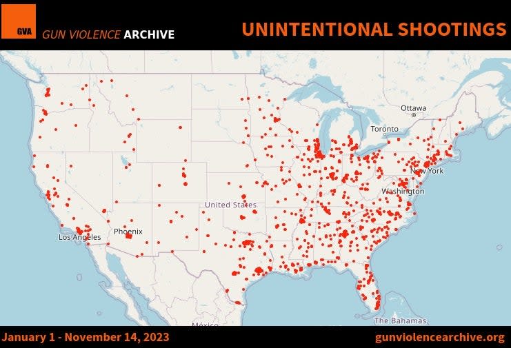 Map of "unintentional shootings" put together by Gun Violence Archive.