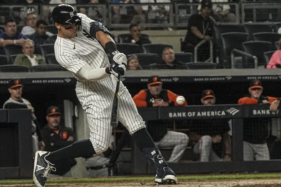 New York Yankees' Aaron Judge hits a home run during fifth inning of a baseball game against the Baltimore Orioles, Monday May 23, 2022, in New York. (AP Photo/Bebeto Matthews)