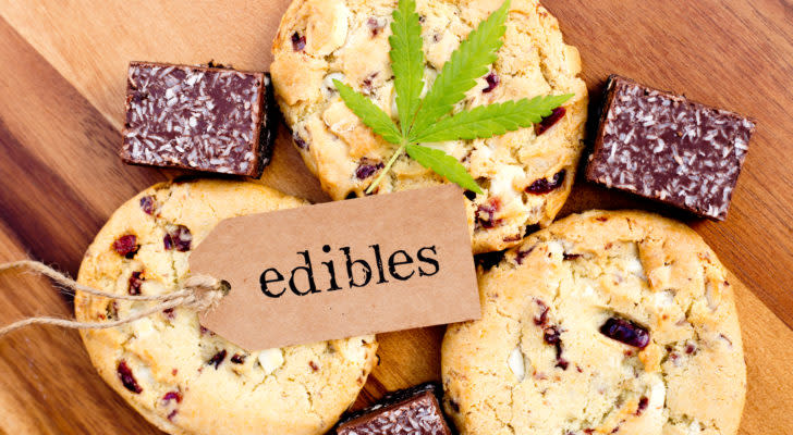 Several marijuana cookies and brownies are on a wood surface with a marijuana leaf and a tag with the word 'edibles' resting on top.