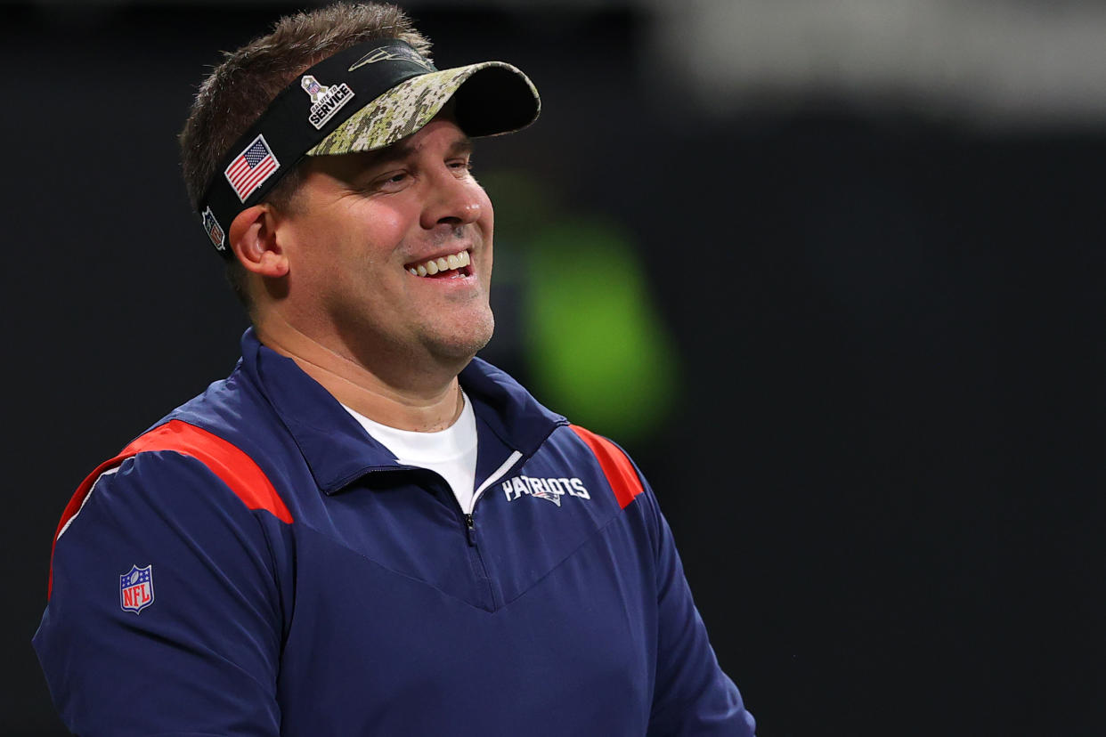 ATLANTA, GEORGIA - NOVEMBER 18: Josh McDaniels of the New England Patriots stands on the field prior to the game against the Atlanta Falcons at Mercedes-Benz Stadium on November 18, 2021 in Atlanta, Georgia. (Photo by Kevin C. Cox/Getty Images)