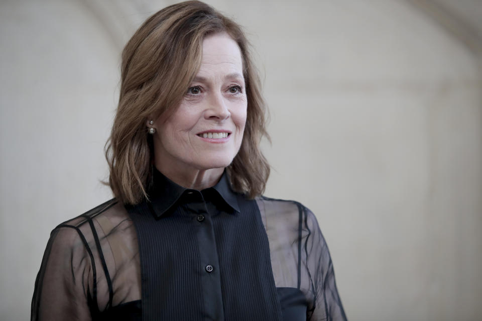 Sigourney Weaver poses for photographers upon arrival at the Dior Haute Couture Fall/Winter 2022-2023 fashion collection presented Monday, July 4, 2022 in Paris. (AP Photo/Lewis Joly)