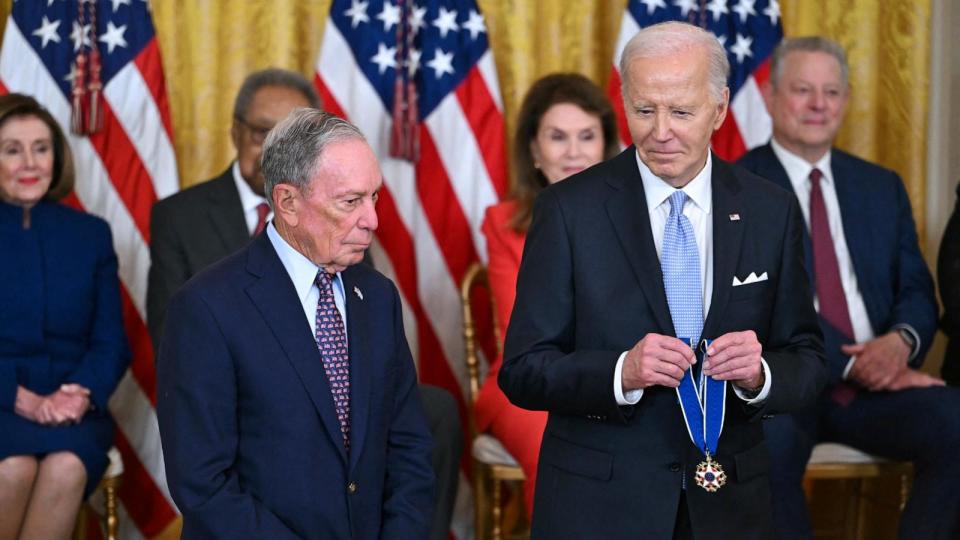 PHOTO: President Joe Biden presents the Presidential Medal of Freedom to former Mayor of New York City Mike Bloomberg in the East Room of the White House, May 3, 2024.  (Andrew Caballero-Reynolds/AFP via Getty Images)
