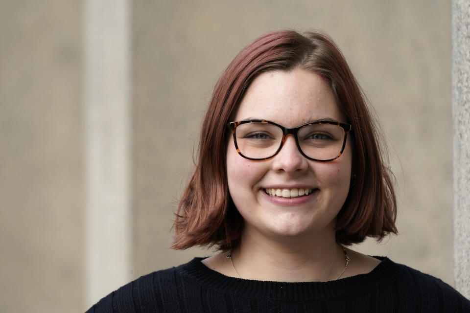 Sophie Corroon, a sophomore at the University of Washington, poses for a photo on the school's campus Monday, Jan. 25, 2021, in Seattle. Corroon helped work on proposed legislation in her home state of Utah to allow students to take mental health days to lessen stigma and help reduce youth suicide. Lawmakers in Utah and Arizona have proposed bills that would add "mental or behavioral" health to the list of excused absences for students. Similar legislation has passed in Oregon, Maine, Colorado and Virginia in the last two years. (AP Photo/Elaine Thompson)