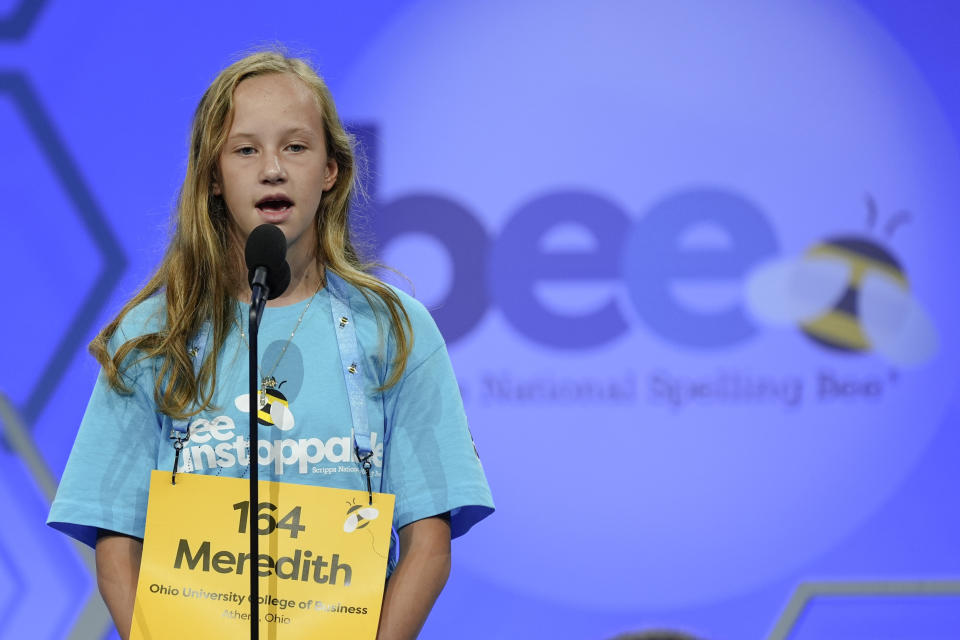 Meredith Dunlap, 13, of Proctorville, Ohio, answers a question during competition in the Scripps National Spelling Bee, in Oxon Hill, Md., Tuesday, May 28, 2024. (AP Photo/Mariam Zuhaib)