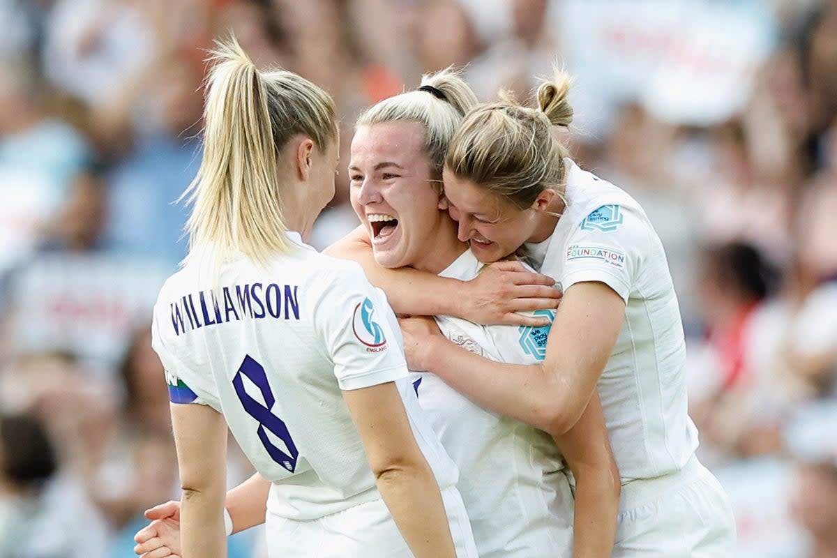 Lauren Hemp celebrates with Ellen White of England  (The FA via Getty Images)