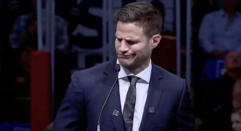 Wednesday night at Rogers Arena may have been all about Henrik and Daniel Sedin, but Kevin Bieksa added plenty of flair to the ceremony. (Twitter/@Canucks)