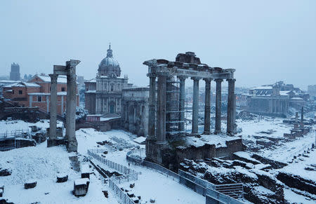 Roman Forum is seen during a heavy snowfall early in the morning in Rome. REUTERS/Remo Casilli