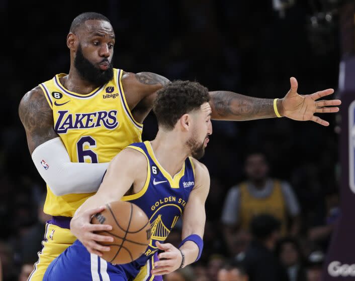 Los Angeles, CA, Monday, May 8, 2023 - Los Angeles Lakers forward LeBron James (6) guards Golden State Warriors guard Klay Thompson (11) in game four of the NBA Western Conference Finals at Crypto.com Arena. (Robert Gauthier/Los Angeles Times)