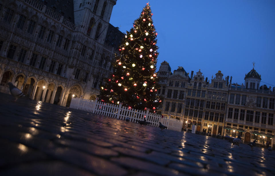 Pigeons feed near a Christmas tree at the historical Grand Place in Brussels, Sunday, Dec. 20, 2020. The EU and the United Kingdom were still working Sunday on a "last attempt" to clinch a post-Brexit trade deal, with EU fishing rights in British waters the most notable remaining obstacle to avoid a chaotic and costly changeover on New Year. (AP Photo/Virginia Mayo)