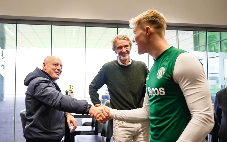 Sir Jim Ratcliffe and Sir Dave Brailsford of INEOS meet Rasmus Hojlund of Manchester United at Carrington Training Complex on January 04, 2024 in Manchester, England