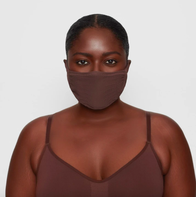 Adult Seamless Knit Face Mask in Cocoa. Image via skims.com