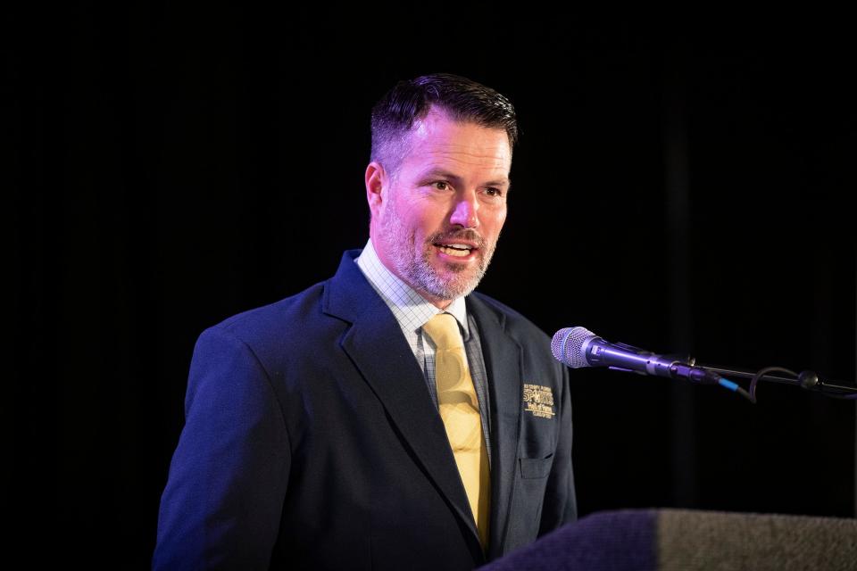 Matt Diaz gives his Hall Of Fame speech as he is inducted into the Hall of Fame during the 2022 Polk County All Sports Awards at the RP Funding Center in Lakeland  Fl. Tuesday June 14,  2022.  ERNST PETERS/ THE LEDGER