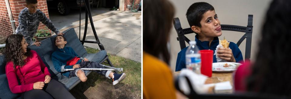 LEFT: Jamil Hamed, 11, center, of Dearborn Heights, pushes a swinging bench for his sister Amily Hamed, 16, and Saleh Humaid, 8, of Gaza,  while getting to know Humaid as he is hosted by their family while in the United States in Dearborn Heights on Tuesday, June 13, 2023, before returning home. RIGHT: Saleh Humaid, 8, left, of Gaza, makes a face at Amily Hamed,16, while sitting with her family for lunch as he begins to open up during his first full day with his host family.