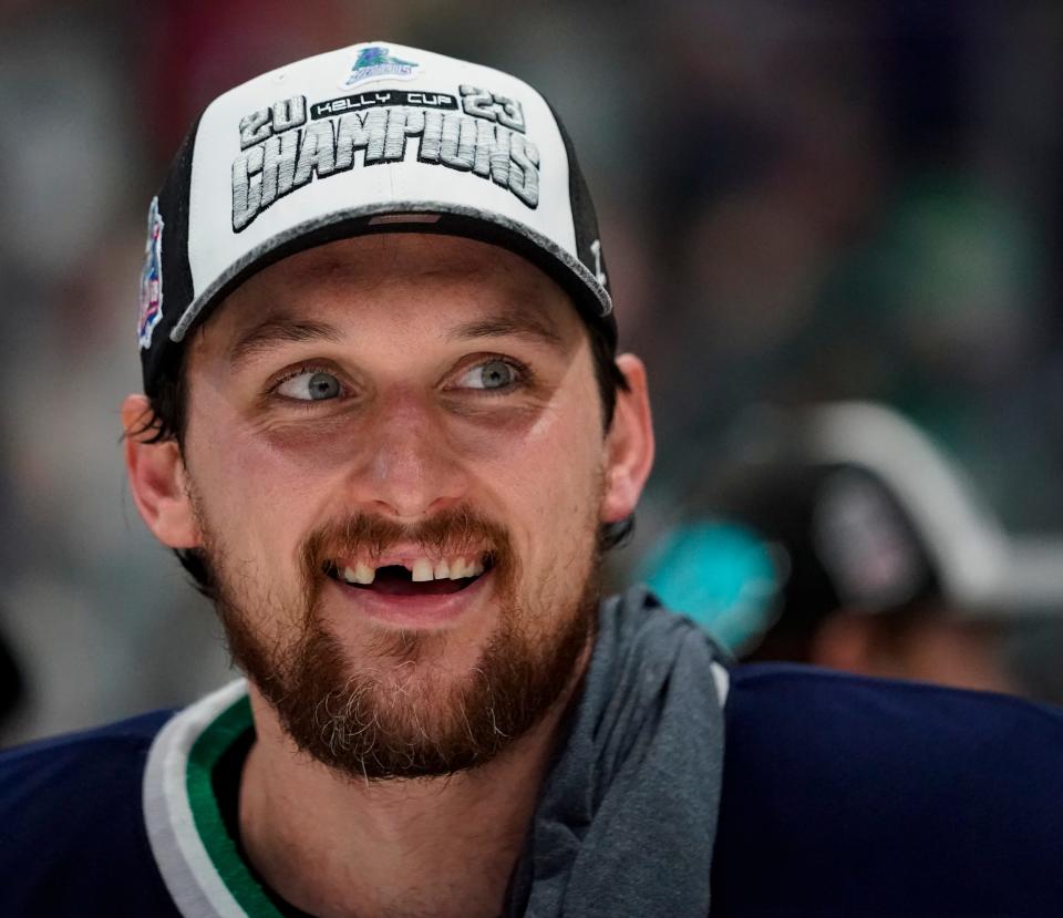 Florida Everblades veteran forward John McCarron is all smiles after his team defeated the Idaho Steelheads 4-3 in game four of the ECHL Kelly Cup to sweep the series at Hertz Arena in Estero on Friday, June 9, 2023. The team has now won back-to-back cups.